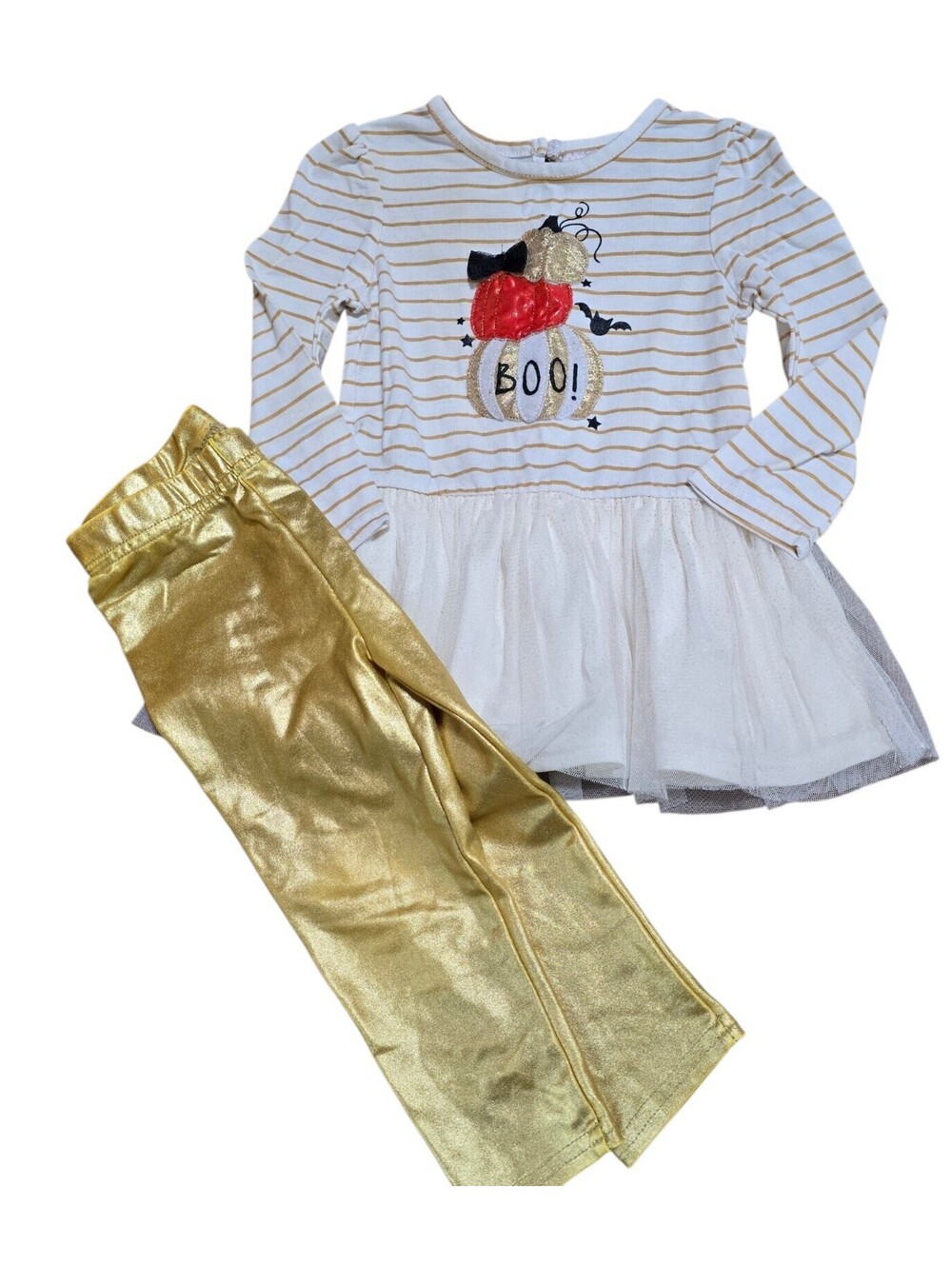 Youngland Baby Girls 24M Halloween Pumpkin BOO Tulle Dress Gold Leggings Outfit